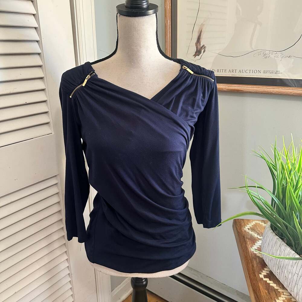 Premise Top Womens Small Blue Ruched Jersey Knit Gold Zip Accent Retro Y2K